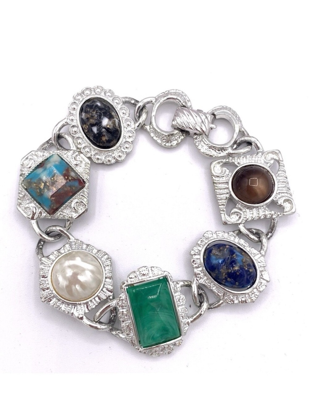 Vintage Sarah Coventry Multi Faux Stone Scarab Link Bracelet Silver Tone Signed